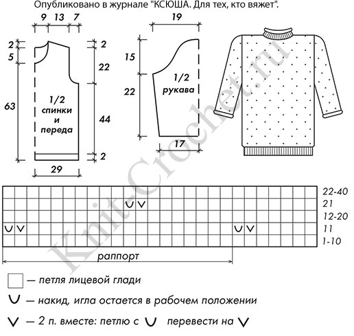 Выкройка, схемы узоров с описанием вязания на машине пуловера с рукавом 3/4 размера 56-58.