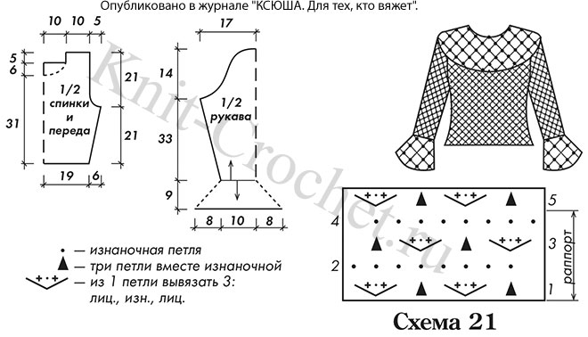 Выкройка, схемы узоров с описанием вязания спицами женского пуловера с круглым воротником 46-48 размера.