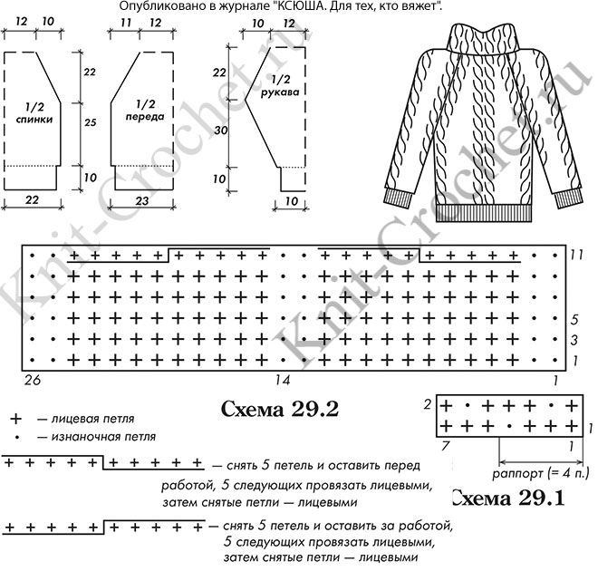 Выкройка, схемы узоров с описанием вязания спицами женского свитера размера 48-50.