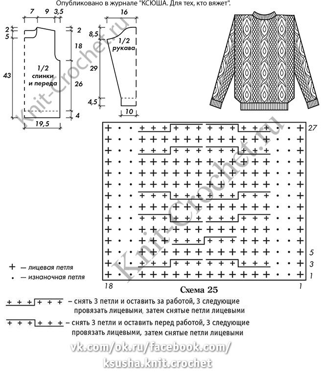 Выкройка, схемы узоров с описанием вязания спицами пуловера для мальчика на рост 128-134 см.