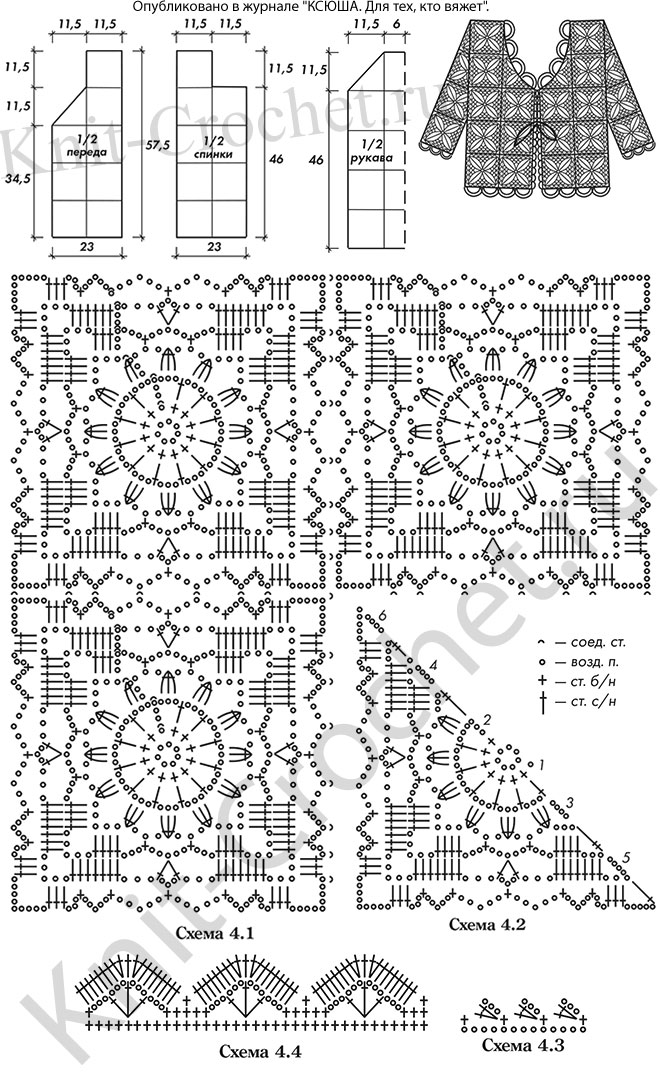 Выкройка, схемы узоров с описанием вязания крючком ажурной блузы размера 46-48.