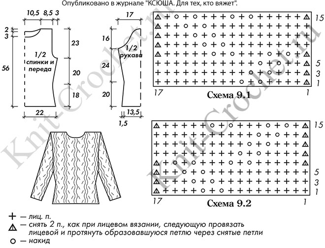 Выкройка, схемы узоров с описанием вязания спицами женского пуловера 46 размера.