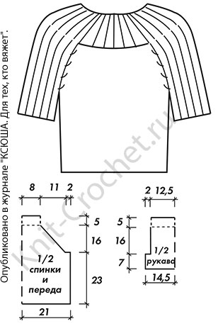 Выкройка для вязания спицами женского пуловера с рукавами реглан 44-46 размера.