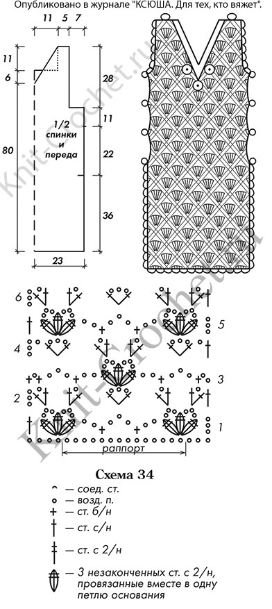 Выкройка, схемы узоров с описанием вязания крючком туники размера 44-46.
