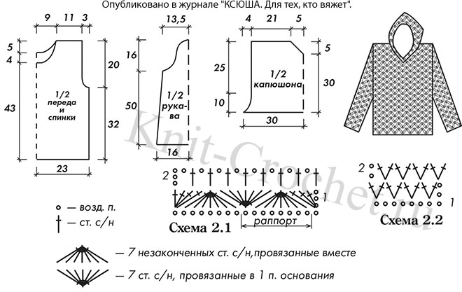 Выкройка, схемы узоров с описанием вязания крючком женского пуловера с капюшоном размера 44-46.