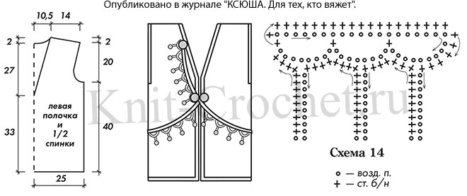 Выкройка, схемы узоров с описанием вязания спицами женского жилета 44-46 размера.