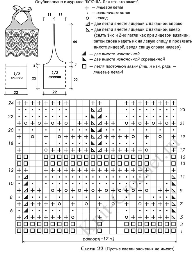Выкройка, схемы узоров с описанием вязания спицами топа с завязкой 46-48 размера.