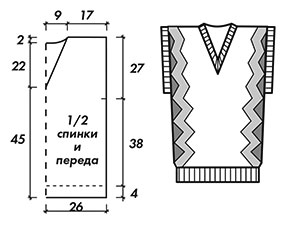 Выкройка для вязания спицами мужской безрукавки размера 46-48.