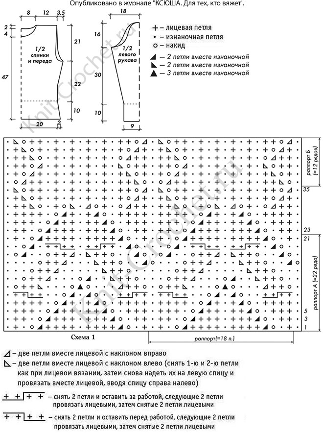 Выкройка, схемы узоров с описанием вязания спицами ажурного женского свитера размера 46-48.