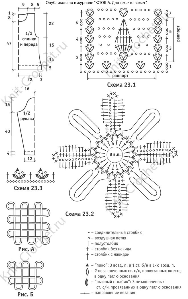 Выкройка, схемы узоров с описанием вязания крючком женского пуловера с аппликацией размера 44-46.