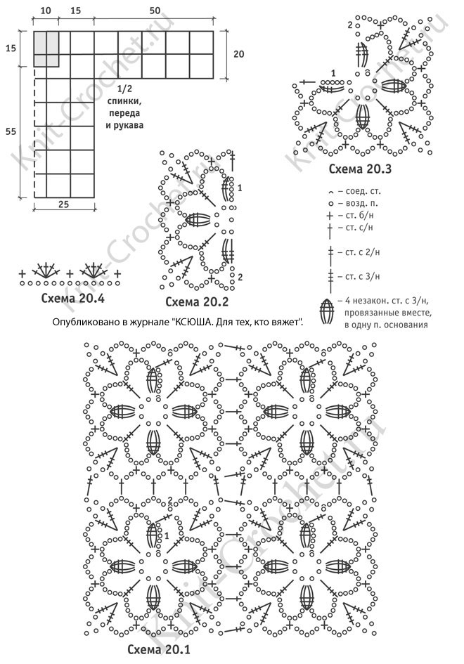 Выкройка, схемы узоров с описанием вязания крючком ажурного пуловера из квадратных мотивов размера 46-48.