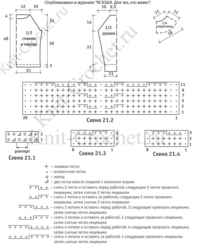 Выкройка, схемы узоров с описанием для вязания спицами женского свитера с рукавом реглан размера 44-46.