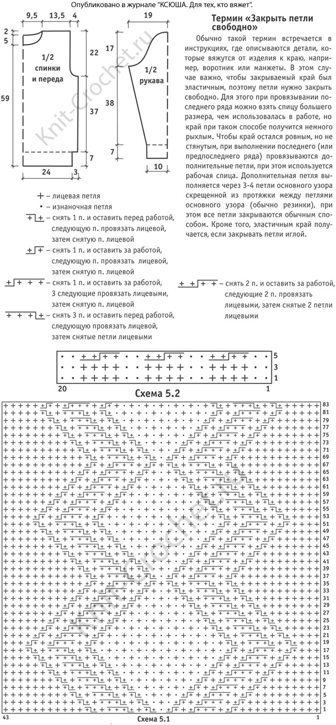 Выкройка, схемы узоров с описанием вязания спицами мужского пуловера размера 46-48.
