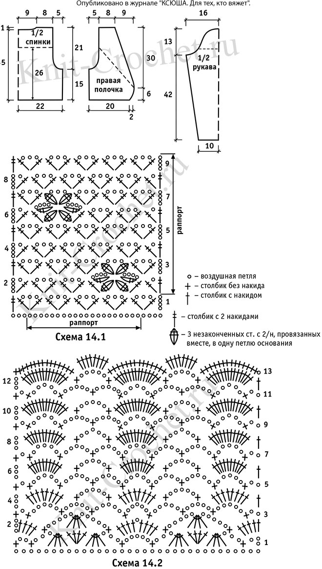 Выкройка, схемы узоров с описанием вязания крючком ажурного жакета болеро размера 42-44.