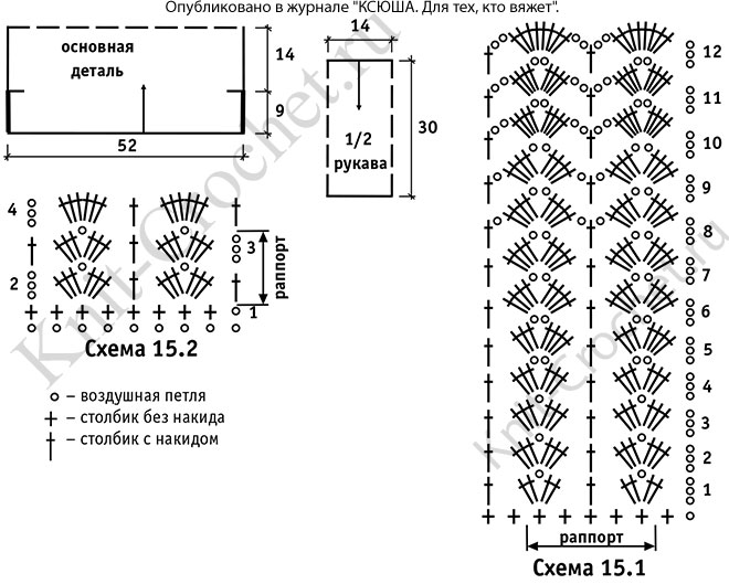 Выкройка, схемы узоров с описанием вязания крючком жакета болеро с ажурной каймой размера 42-44.