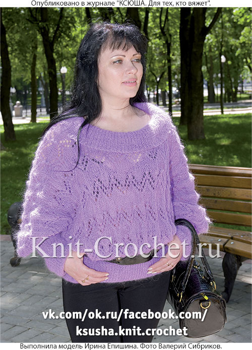 Связанный на спицах женский свитер с цельнокроеными рукавами размера 50-52.