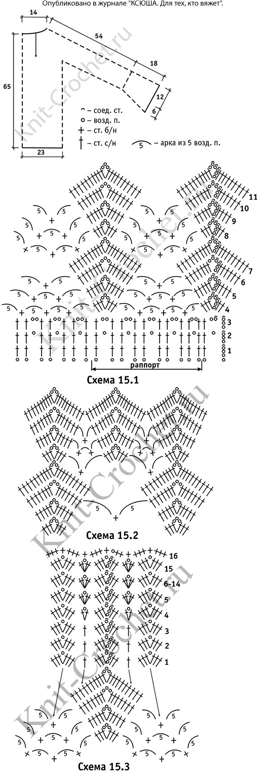 Выкройка, схемы узоров с описанием вязания крючком женского пуловера размера 46-48.