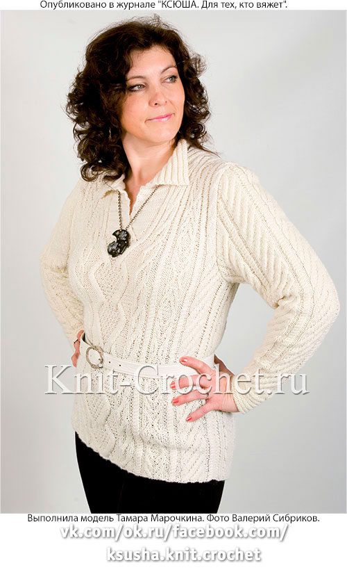 Женский пуловер с воротником апаш размера 48-50, связанный на спицах.