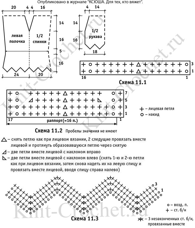 Выкройка, схемы узоров с описанием вязания спицами женского жакета с короткими рукавами 44-46 размера.