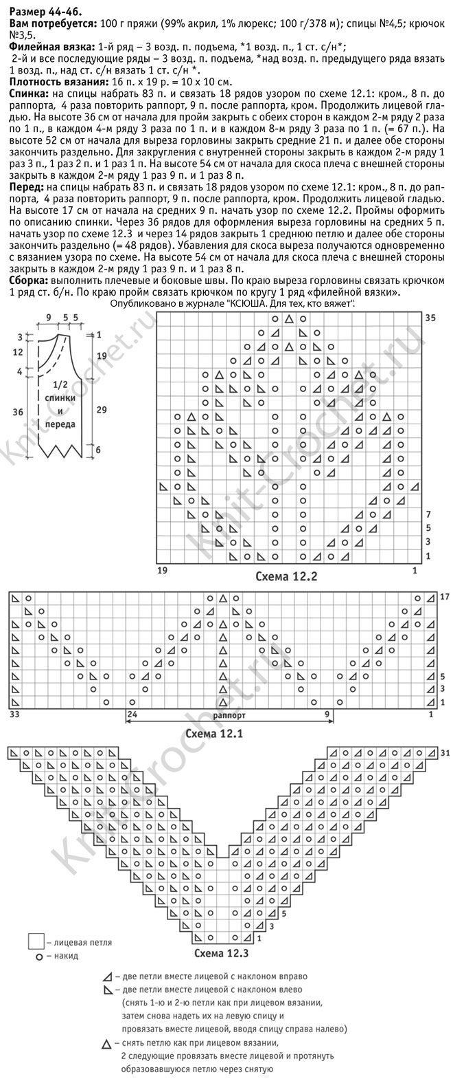Выкройка, схемы узоров с описанием и инструкции для вязания спицами ажурного топа с цветочным мотивом 44-46 размера .