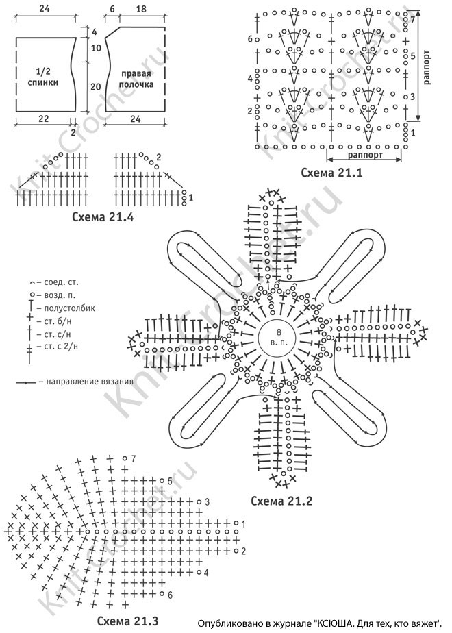 Выкройка, схемы узоров с описанием вязания крючком женского топа с аппликацией размера 46-48.