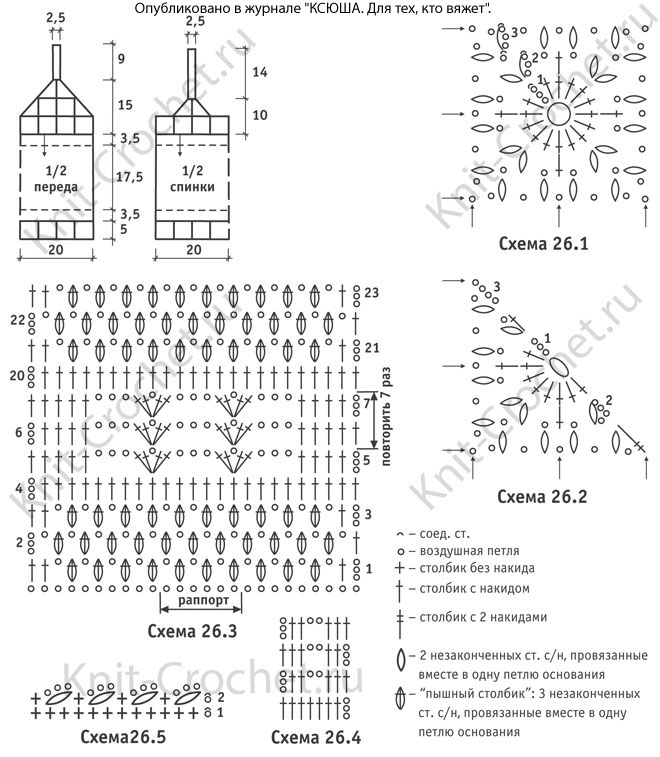 Выкройка, схемы узоров с описанием вязания крючком комбинированного топика размера 46-48.