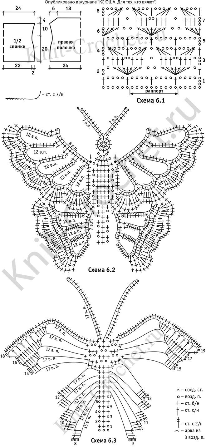 Выкройка, схемы узоров с описанием вязания крючком женского топа с аппликацией «бабочки» размера 46-48.