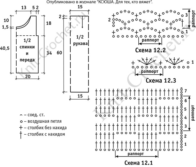 Выкройка, схемы узоров с описанием вязания крючком женского комбинированного пуловера размера 44-46.