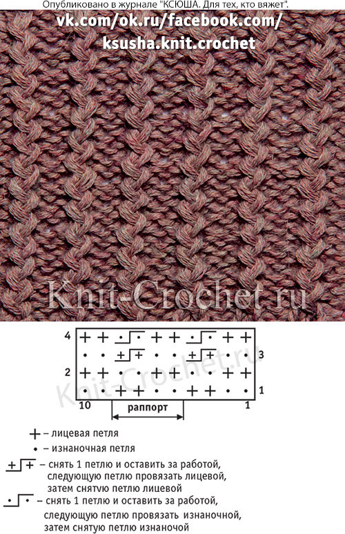 Узор с уплотненной структурой полотна для вязания спицами со схемой и условными обозначениями.