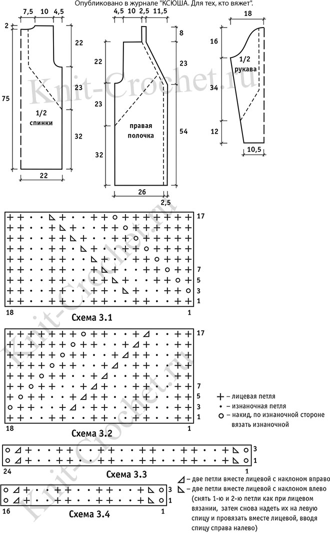 Выкройка, схемы узоров с описанием вязания спицами кардигана размера 42-44.