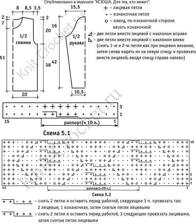 Выкройка, схемы узоров с описанием вязания спицами женского пуловера 46-48 размера.