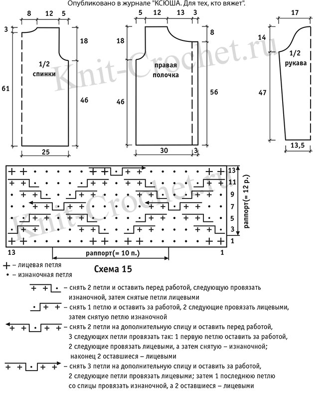 Выкройка, схемы узоров с описанием вязания спицами женского жакета 48-50 размера.