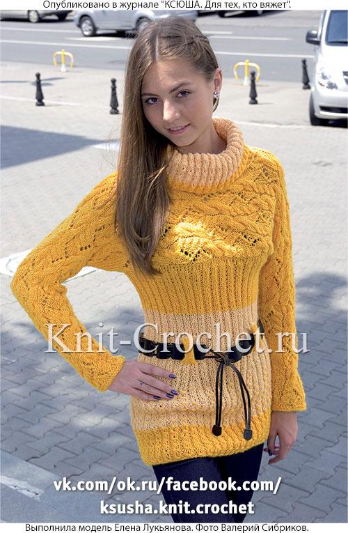 Связанный на спицах женский свитер с поперечной кокеткой и рукавами размера 46-48.