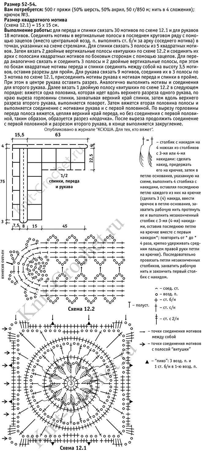 Выкройка, схемы узоров с описанием вязания крючком туники размера 52-54.