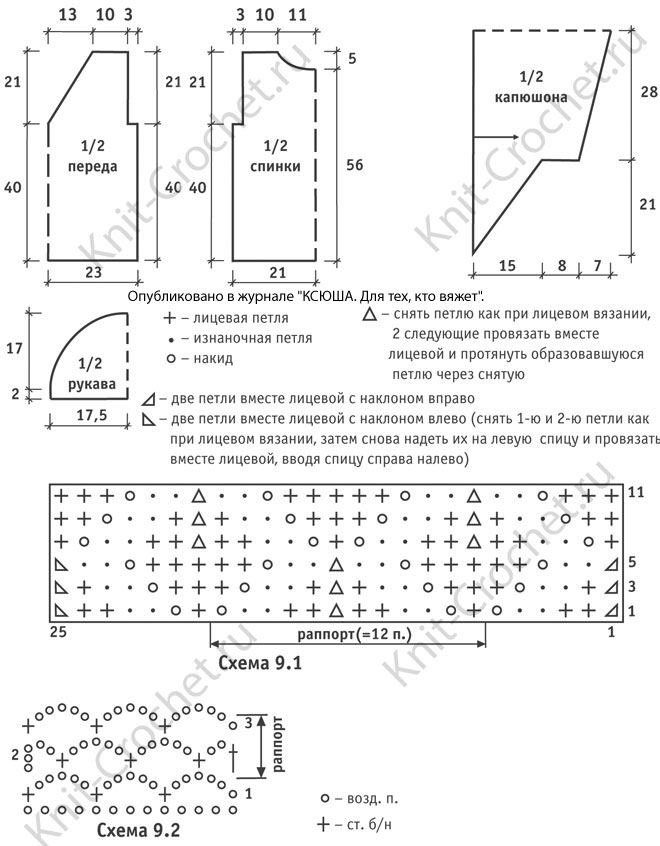 Выкройка, схемы узоров с описанием для вязания спицами женского ажурного пуловера с капюшоном 48-50 размера.