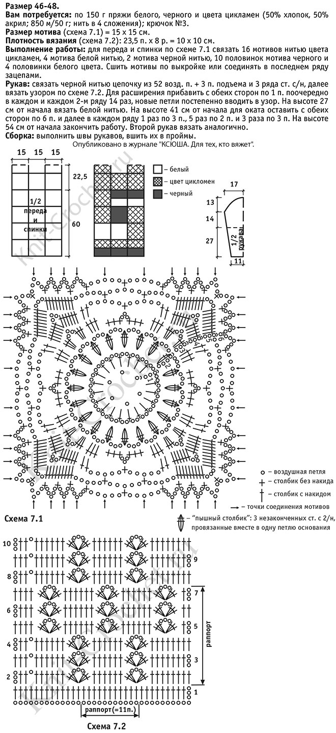 Выкройка, схемы узоров с описанием вязания крючком женского пуловера из квадратных мотивов размера 46-48.