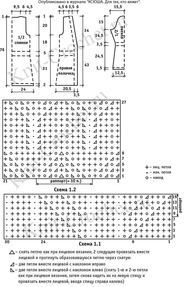 Выкройка, схемы узоров с описанием вязания спицами ажурного кардигана размера 44-46.