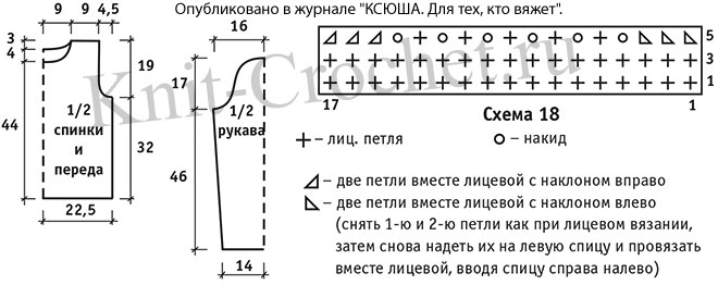 Выкройка, схемы узоров с описанием вязания спицами женского пуловера-гольфа 46-48 размера.