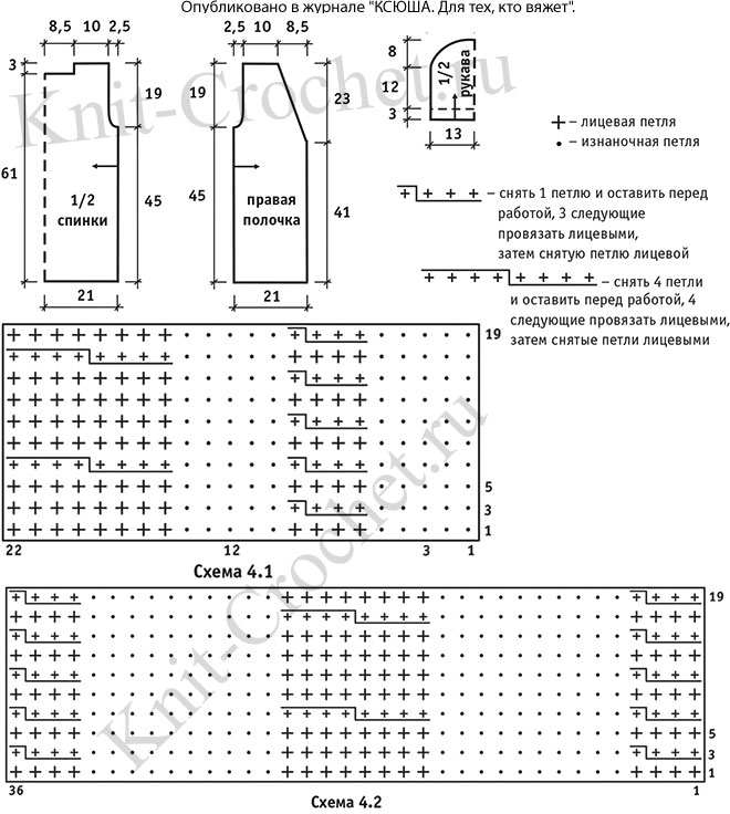 Выкройка, схемы узоров с описанием вязания крючком женского жакета с короткими рукавами размера 44-46.