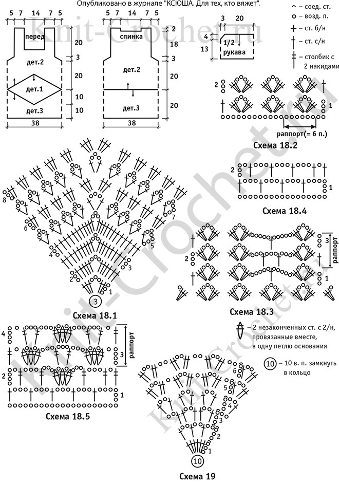 Выкройка, схемы узоров с описанием вязания крючком женского комбинированного топа размера 46-48.