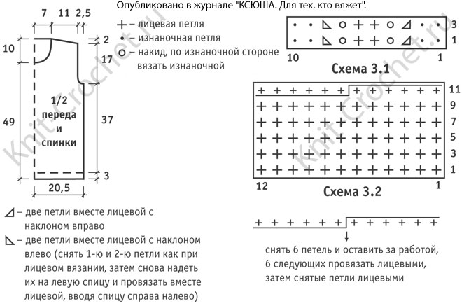 Выкройка, схемы узоров с описанием вязания спицами женского свитера без рукавов размера 44-46.