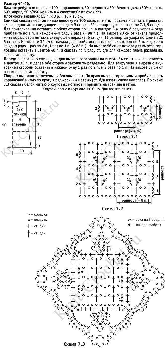 Выкройка, схемы узоров с описанием вязания крючком женского комбинированного топа размера 44-46.