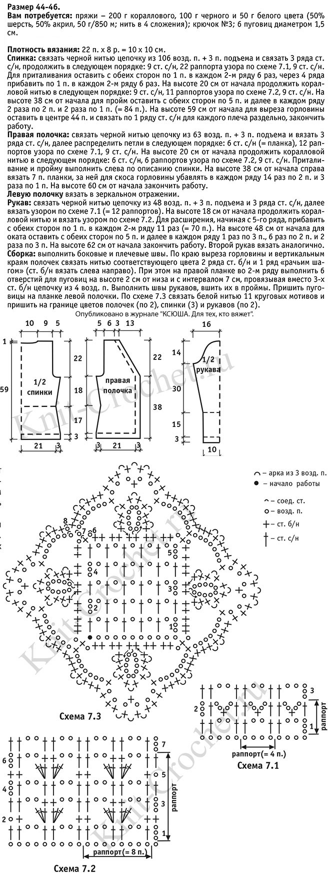 Выкройка, схемы узоров с описанием вязания крючком женского комбинированного жакета размера 44-46.