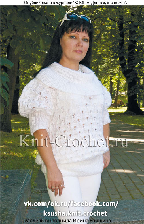 Женский пуловер с рукавом «фонарик», вязаный на спицах.