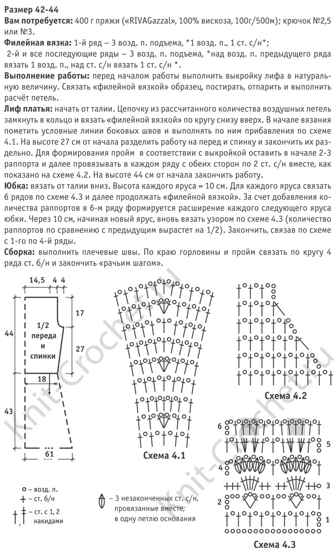 Выкройка, схемы узоров с описанием вязания крючком женского платья "Кокетка" размера 42-44.