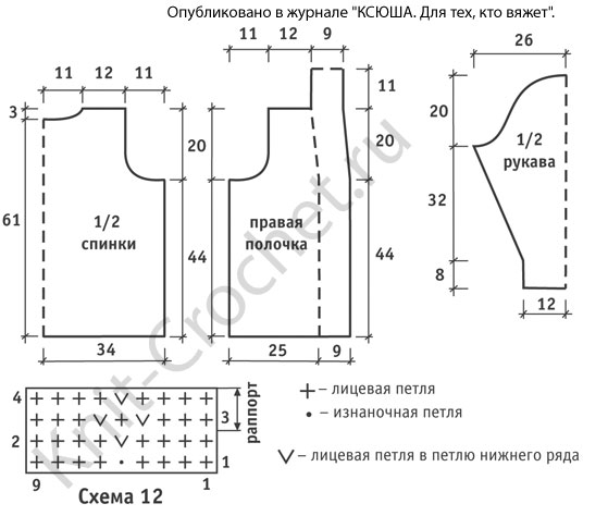 Выкройка, схемы узоров с описанием вязания спицами кардигана размера 50-52.