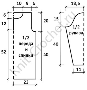 Выкройка для вязания спицами туники с вырезом поло 46-48 размера.