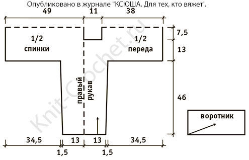 Выкройка для вязания спицами женского свитера с воротником хомут размера 42-44.