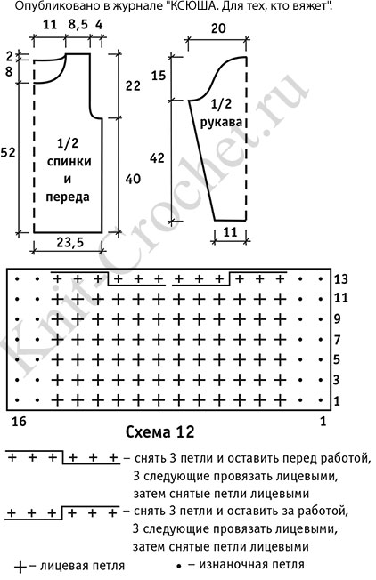 Выкройка, схемы узоров с описанием вязания спицами женского пуловера 46-48 размера.