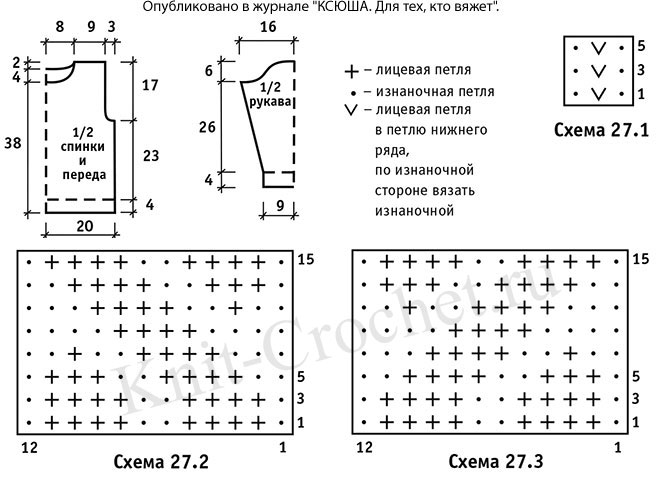 Выкройка, схемы узоров с описанием вязания спицами пуловера для девочки на рост 122 см.